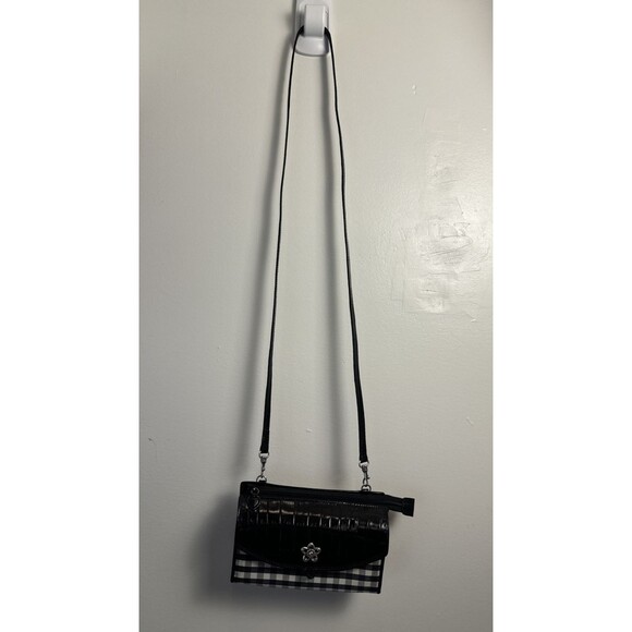 Brighton Crossbody Black Plaid Faux Croc Leather Wallet Purse Back Zip Pocket - Picture 2 of 8